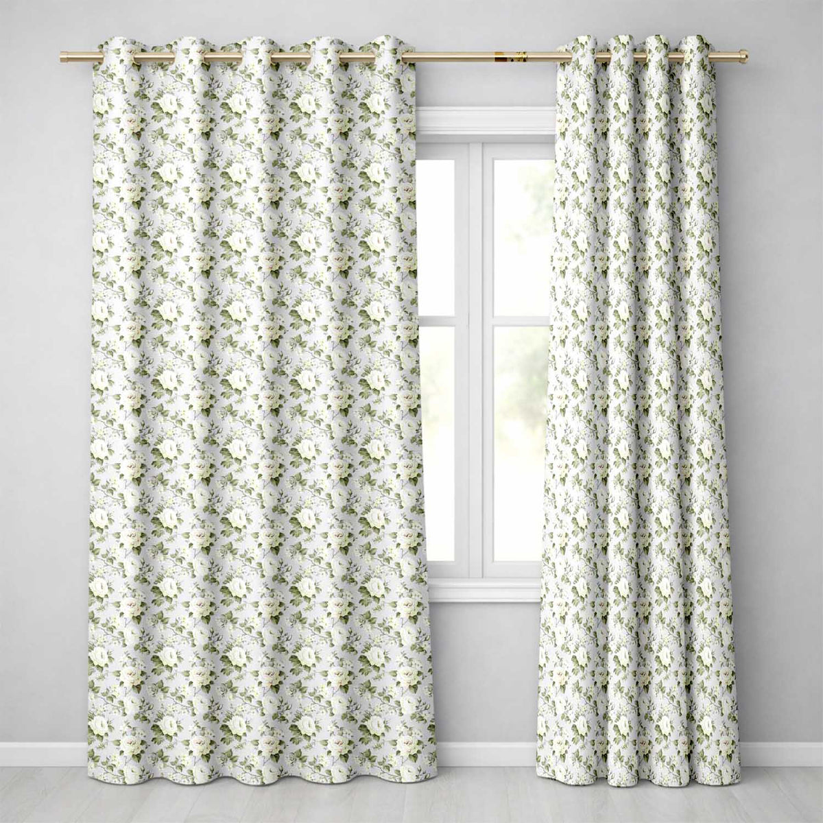 Vintage White Roses and Small Blossoms on Blue Background Seamless Pattern Readymade Eyelet Ring Top Thermal 100% Blackout Curtains