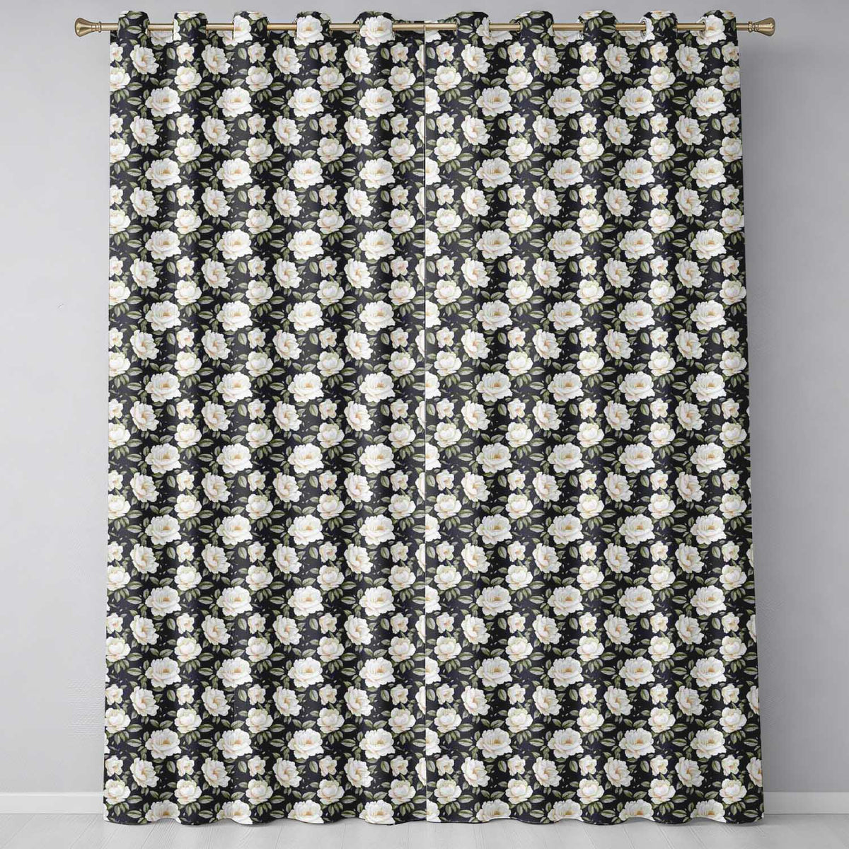 Elegant Beige Roses on Black Floral Seamless Pattern Readymade Eyelet Ring Top Thermal 100% Blackout Curtains