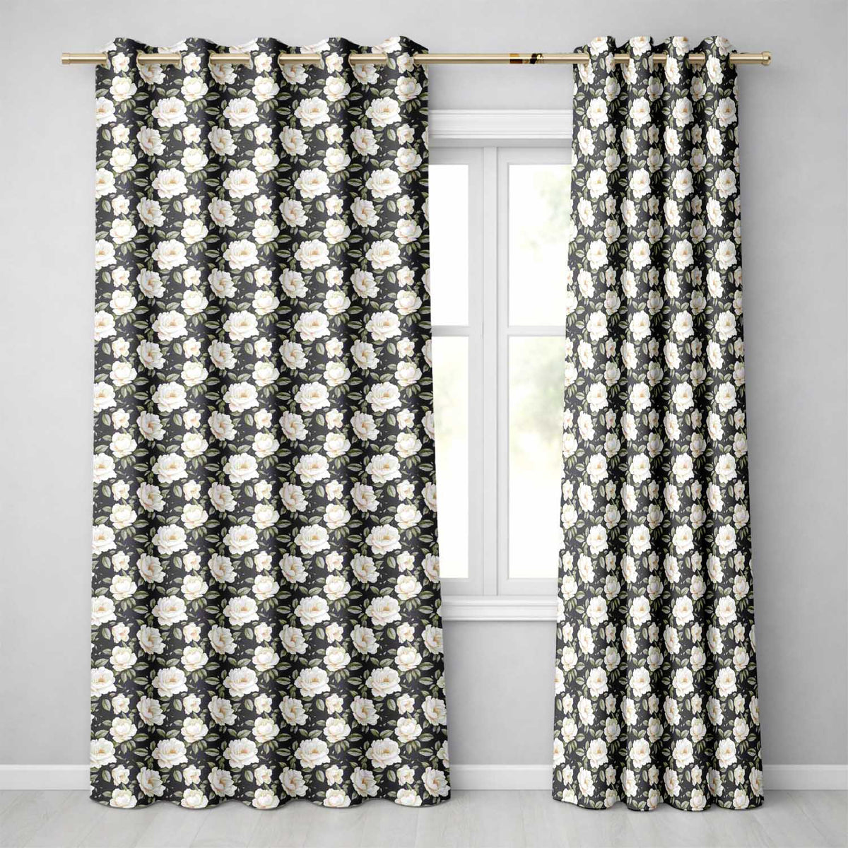 Elegant Beige Roses on Black Floral Seamless Pattern Readymade Eyelet Ring Top Thermal 100% Blackout Curtains