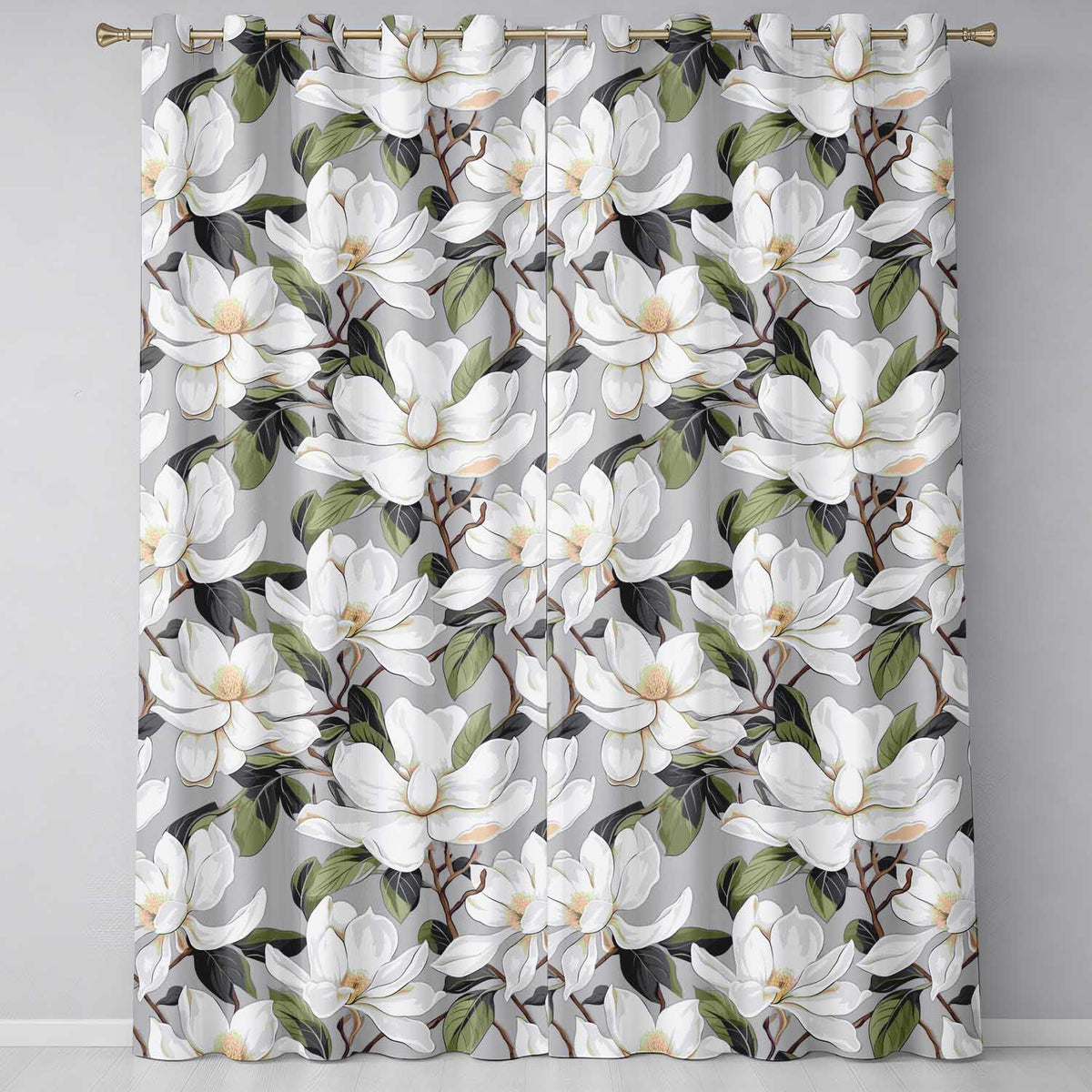 Vintage Magnolia Floral Branches Soft Neutral Background Seamless Pattern Readymade Eyelet Ring Top Thermal 100% Blackout Curtains