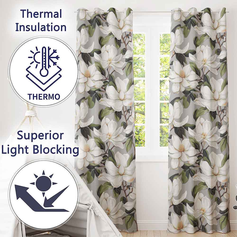 Vintage Magnolia Floral Branches Soft Neutral Background Seamless Pattern Readymade Eyelet Ring Top Thermal 100% Blackout Curtains