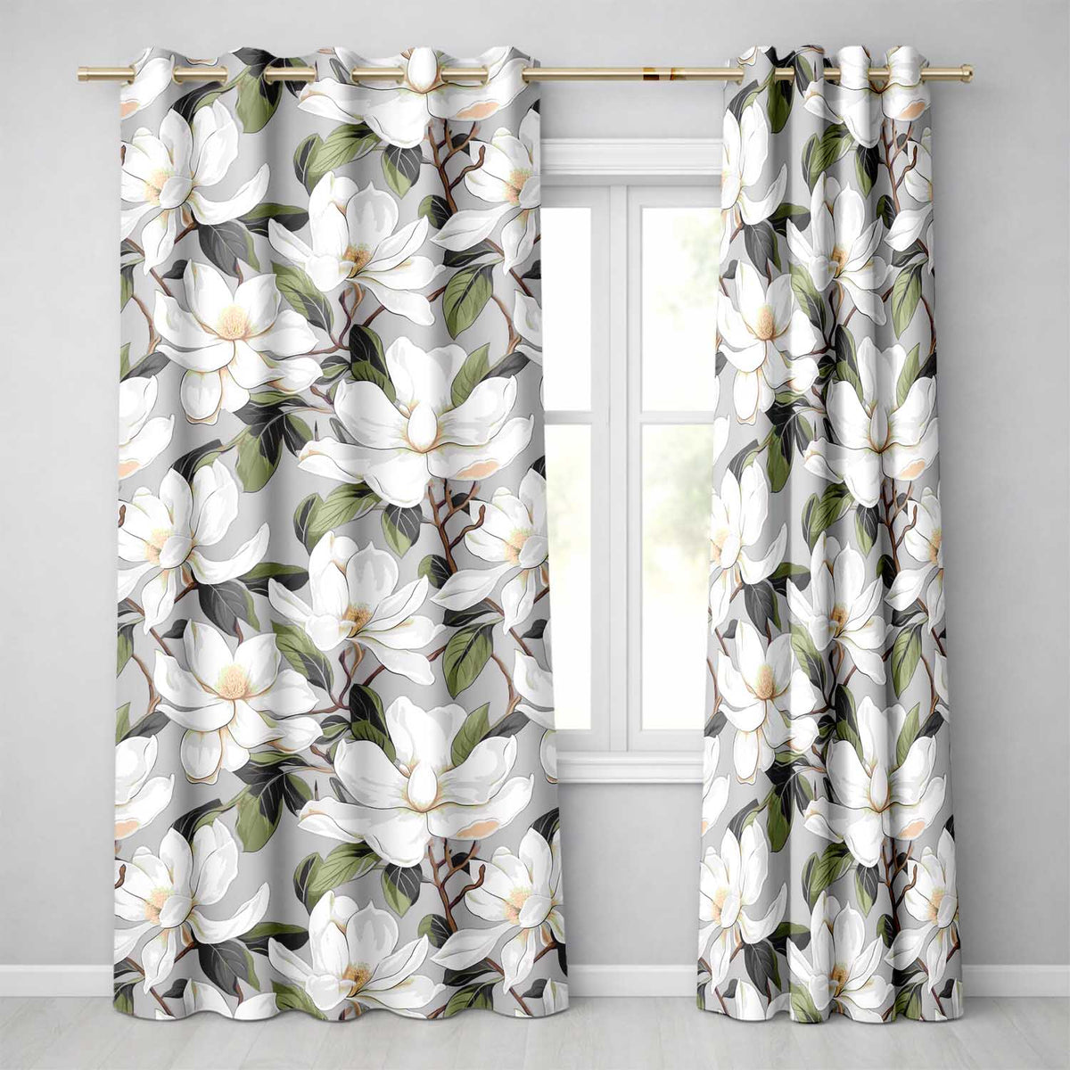 Vintage Magnolia Floral Branches Soft Neutral Background Seamless Pattern Readymade Eyelet Ring Top Thermal 100% Blackout Curtains