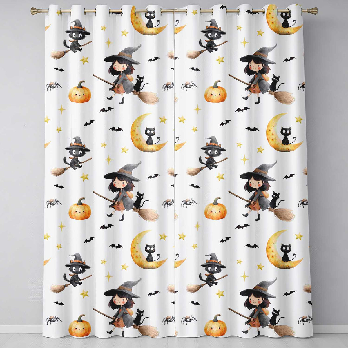 Cute Halloween Witch Girl with Black Cats Moon and Stars Seamless Pattern Readymade Eyelet Ring Top Thermal 100% Blackout Curtains