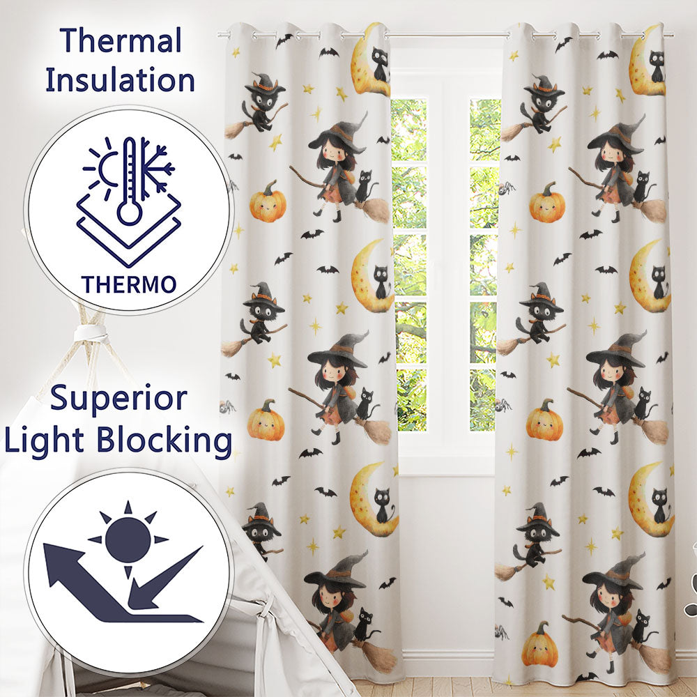 Cute Halloween Witch Girl with Black Cats Moon and Stars Seamless Pattern Readymade Eyelet Ring Top Thermal 100% Blackout Curtains