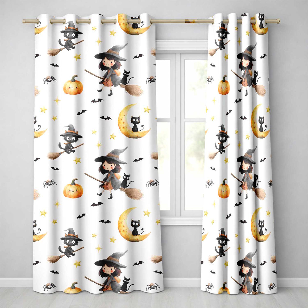 Cute Halloween Witch Girl with Black Cats Moon and Stars Seamless Pattern Readymade Eyelet Ring Top Thermal 100% Blackout Curtains
