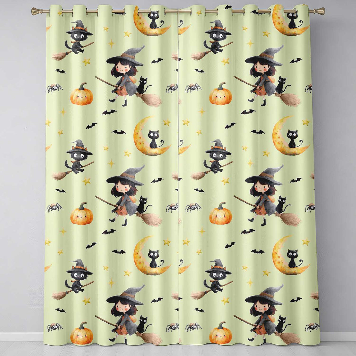 Cute BlackCat in Witch Hat with Bats and Stars Greenish Background Seamless Pattern Readymade Eyelet Ring Top Thermal 100% Blackout Curtains