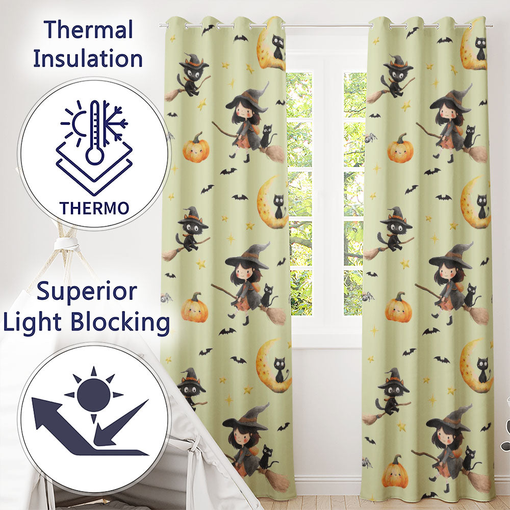 Cute BlackCat in Witch Hat with Bats and Stars Greenish Background Seamless Pattern Readymade Eyelet Ring Top Thermal 100% Blackout Curtains