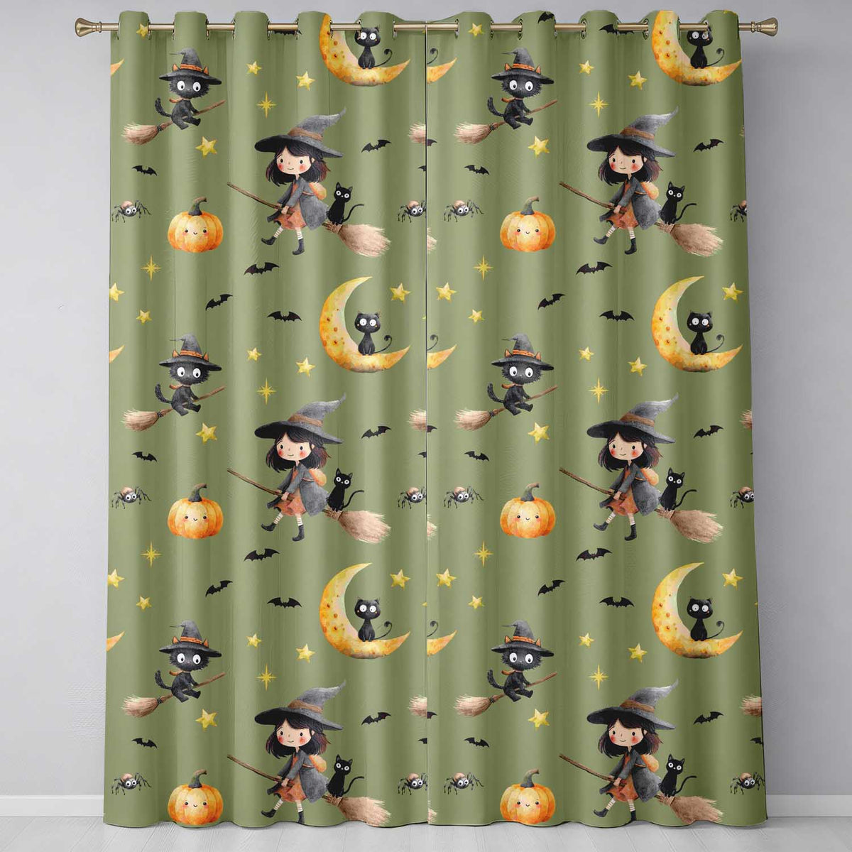 Cute Halloween Witch Girl with Pumpkin Bats and Moon Olive Green Readymade Eyelet Ring Top Thermal 100% Blackout Curtains
