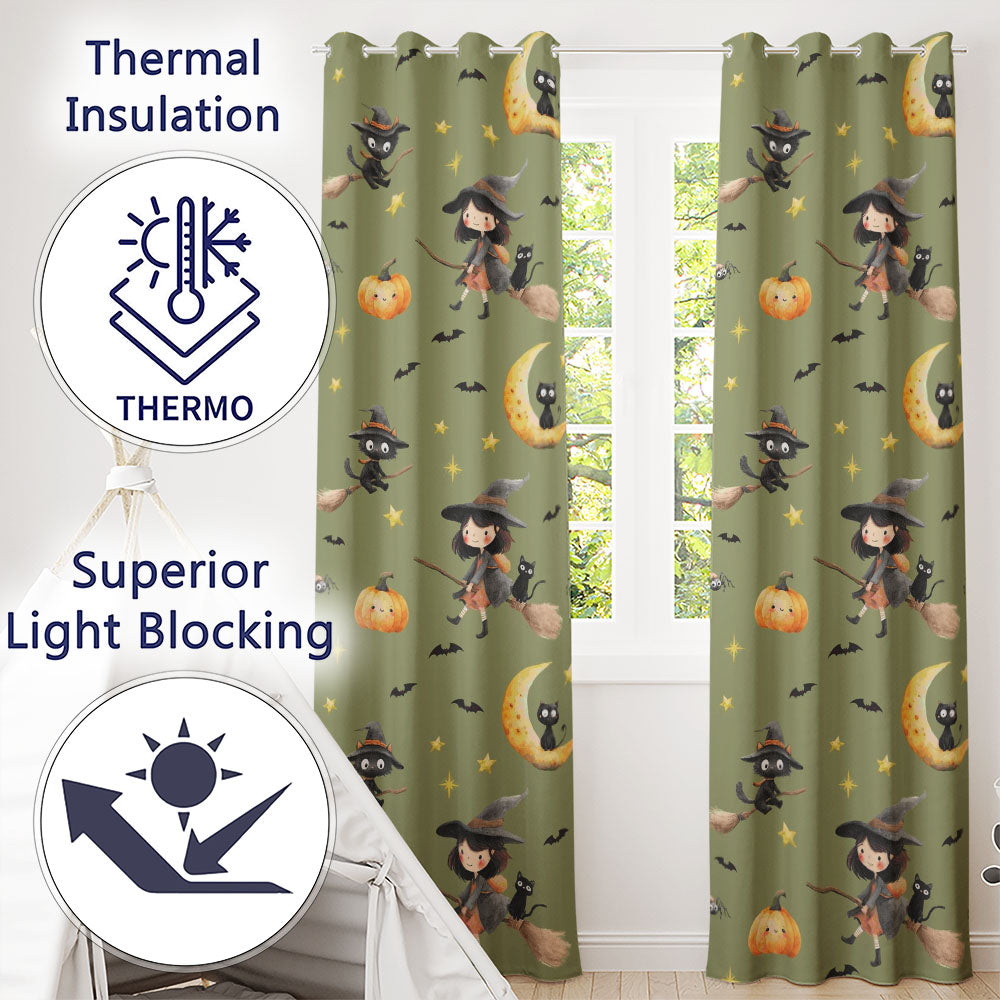 Cute Halloween Witch Girl with Pumpkin Bats and Moon Olive Green Readymade Eyelet Ring Top Thermal 100% Blackout Curtains