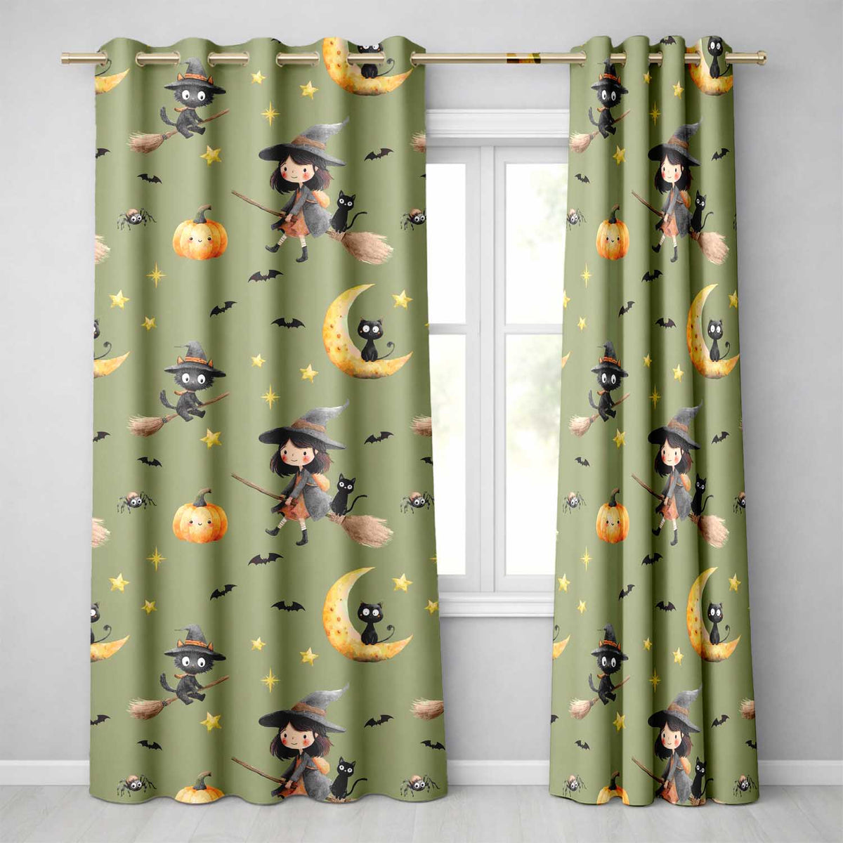 Cute Halloween Witch Girl with Pumpkin Bats and Moon Olive Green Readymade Eyelet Ring Top Thermal 100% Blackout Curtains