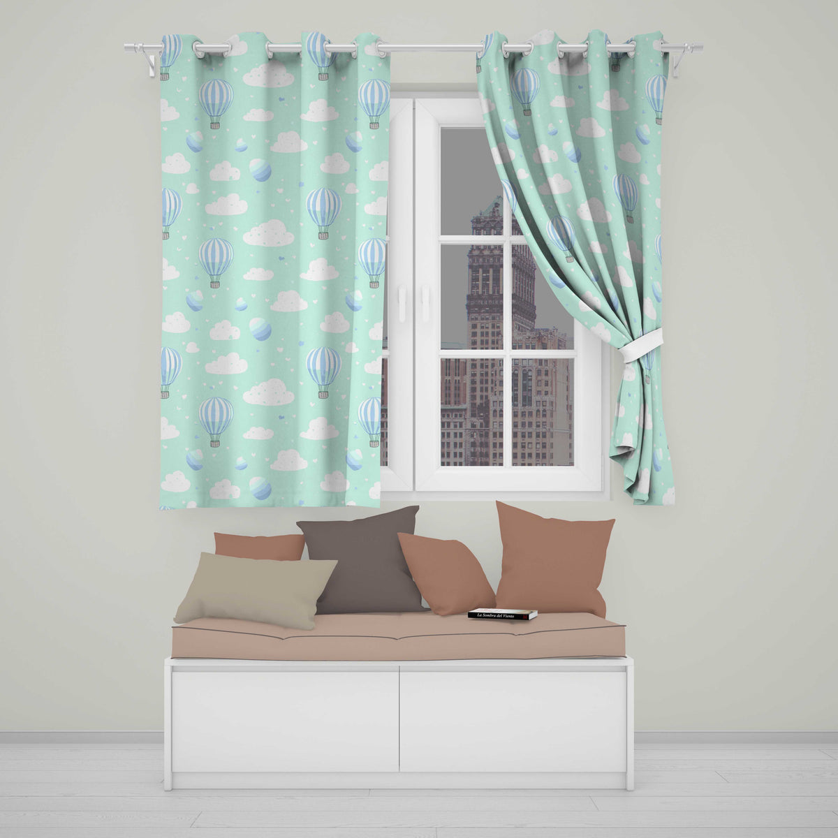 Cute Hot Air Balloons with Clouds Pastel Sky Background Seamless Pattern Readymade Eyelet Ring Top Thermal 100% Blackout Curtains