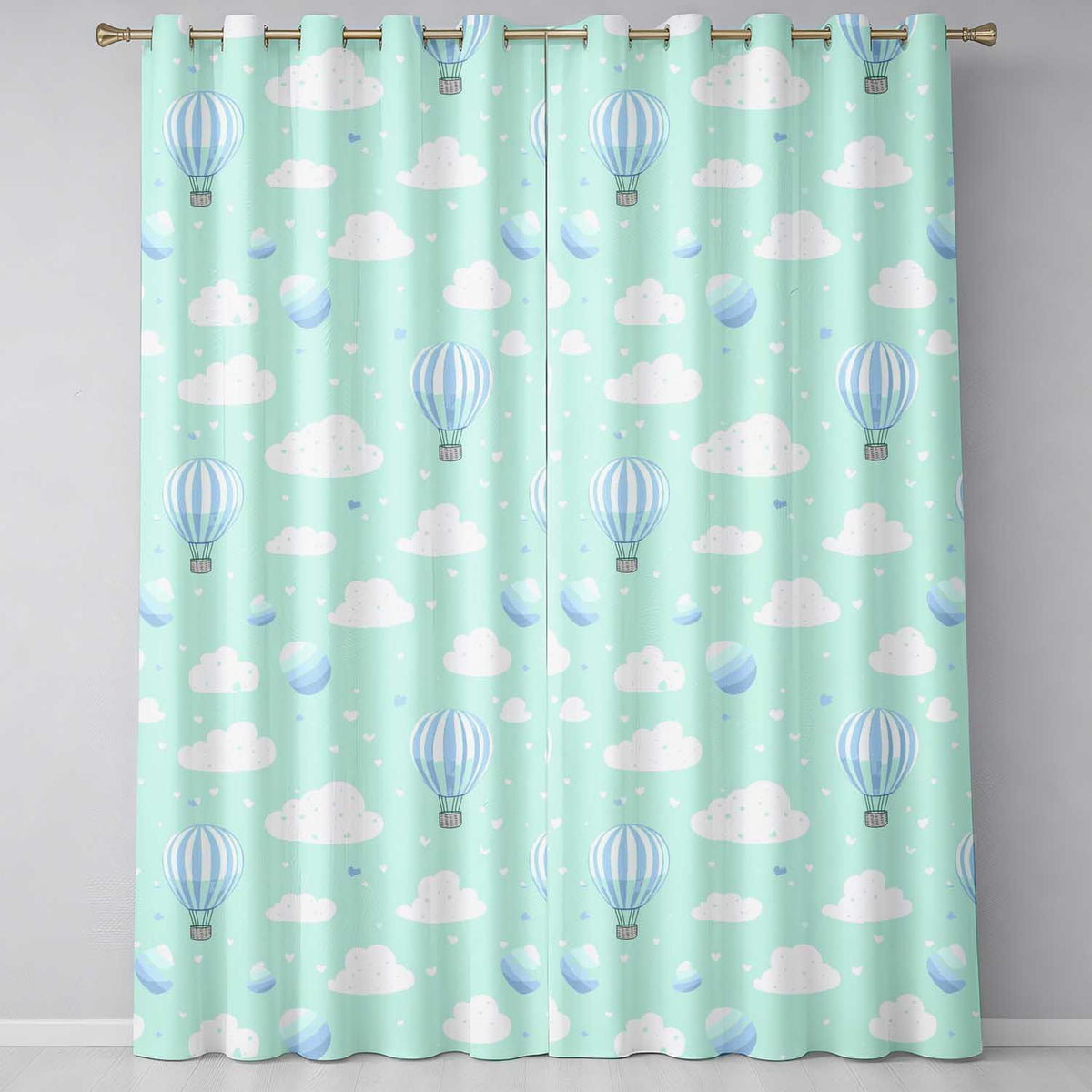 Cute Hot Air Balloons with Clouds Pastel Sky Background Seamless Pattern Readymade Eyelet Ring Top Thermal 100% Blackout Curtains