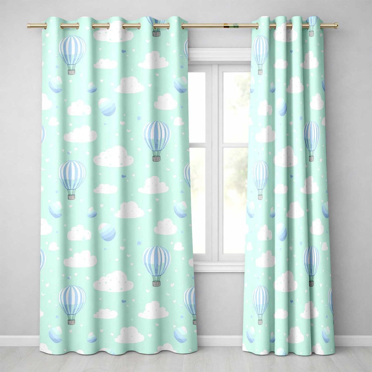 Cute Hot Air Balloons with Clouds Pastel Sky Background Seamless Pattern Readymade Eyelet Ring Top Thermal 100% Blackout Curtains