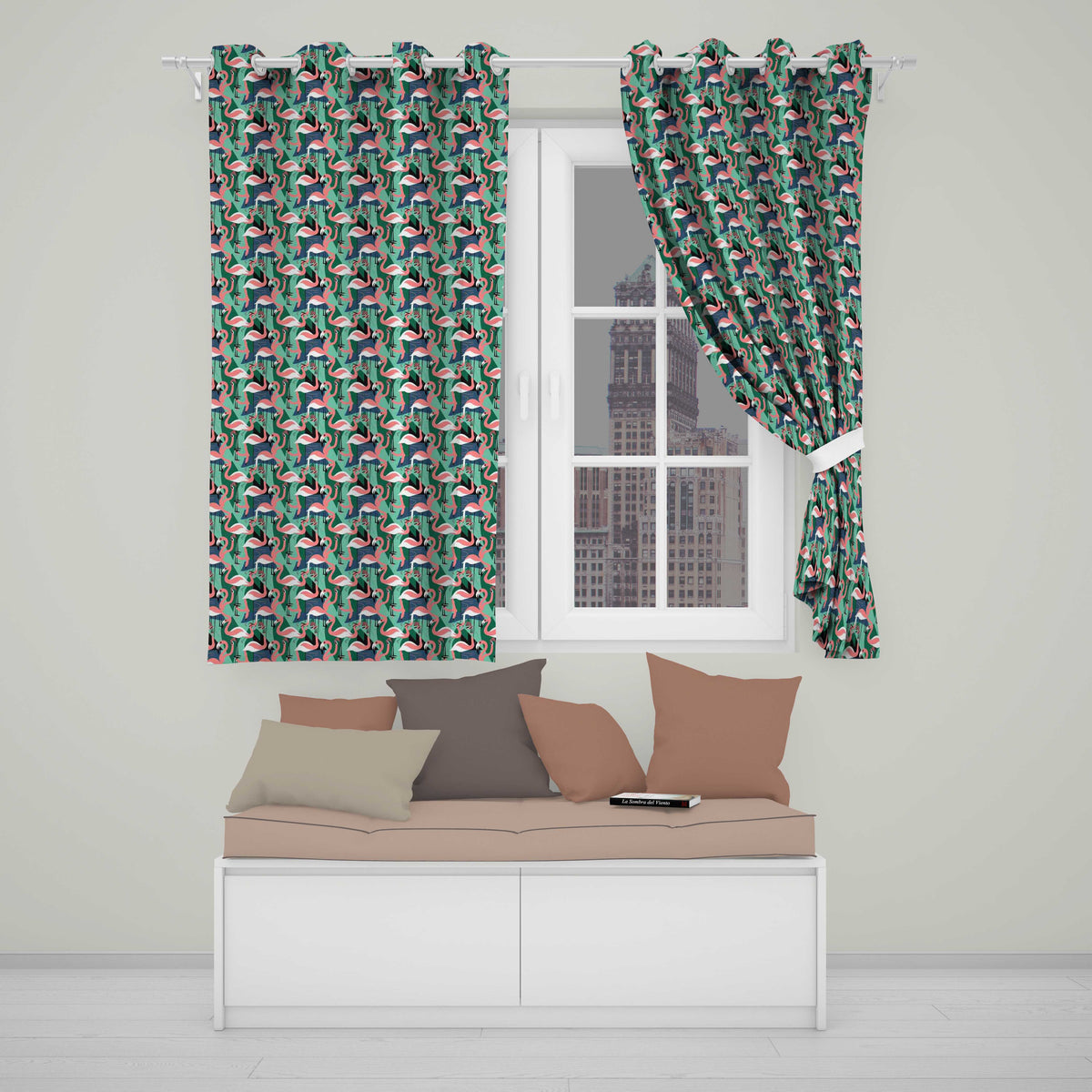 Modern Flamingo Birds with Geometric Jungle Background Seamless Pattern Readymade Eyelet Ring Top Thermal 100% Blackout Curtains