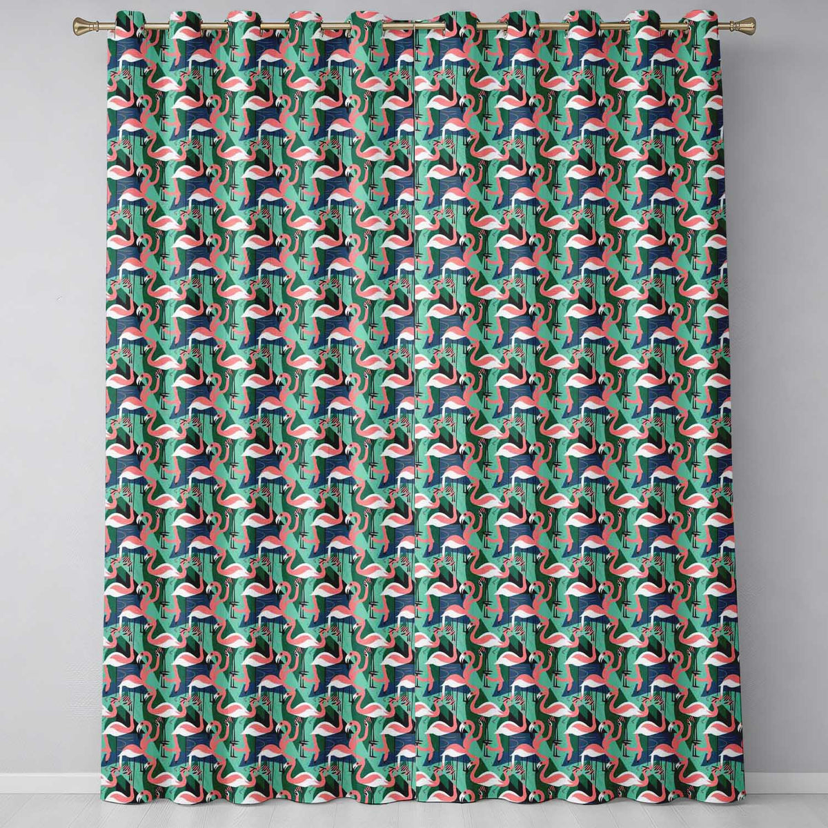 Modern Flamingo Birds with Geometric Jungle Background Seamless Pattern Readymade Eyelet Ring Top Thermal 100% Blackout Curtains