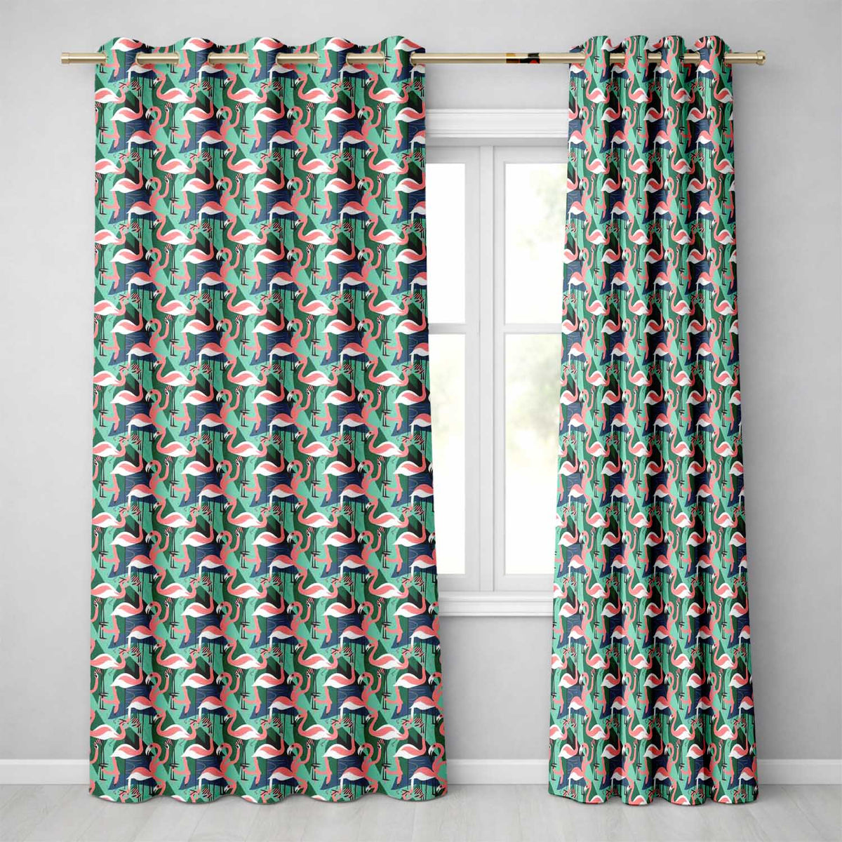 Modern Flamingo Birds with Geometric Jungle Background Seamless Pattern Readymade Eyelet Ring Top Thermal 100% Blackout Curtains