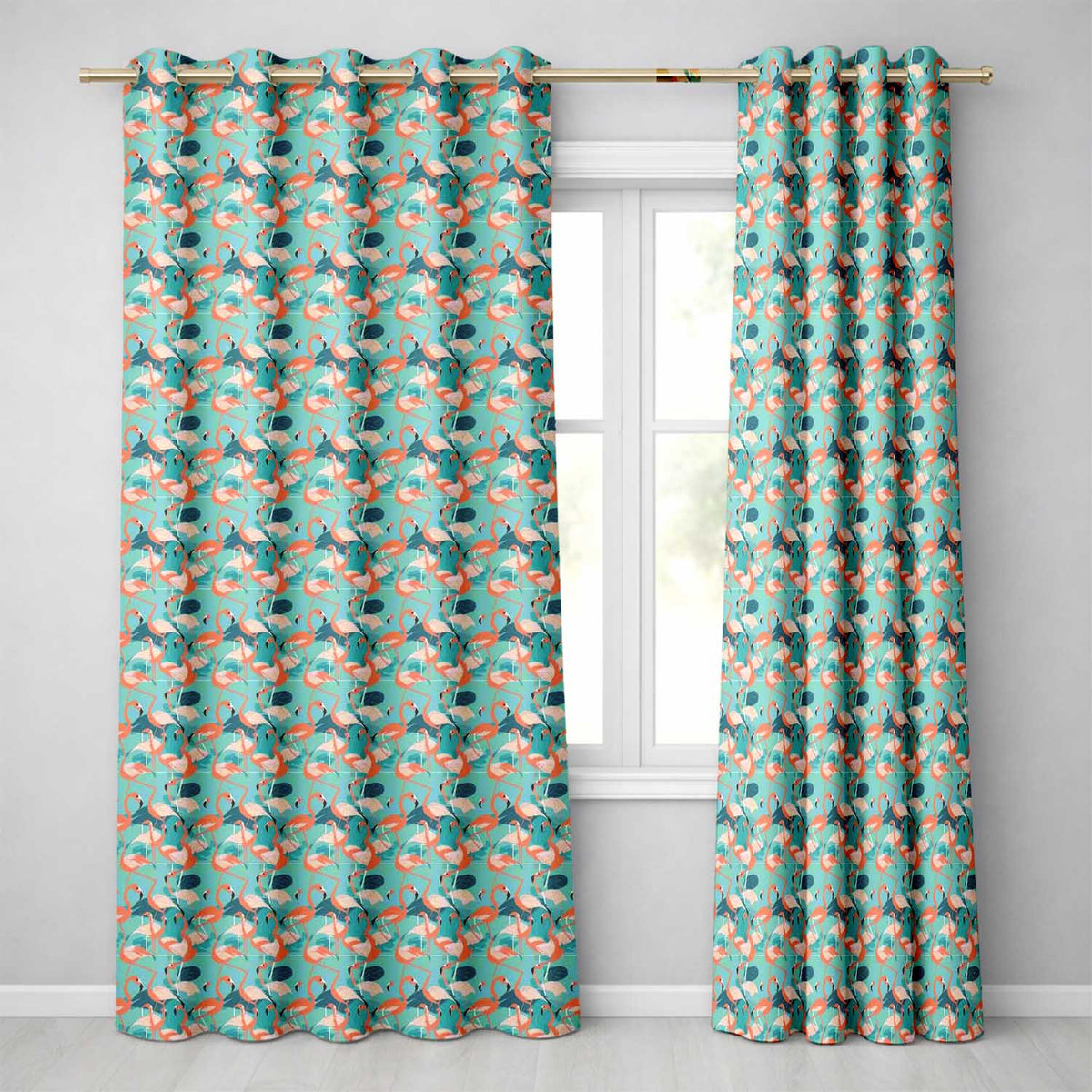 Modern Flamingo Birds with Teal Tropical Leaves Seamless Pattern Readymade Eyelet Ring Top Thermal 100% Blackout Curtains