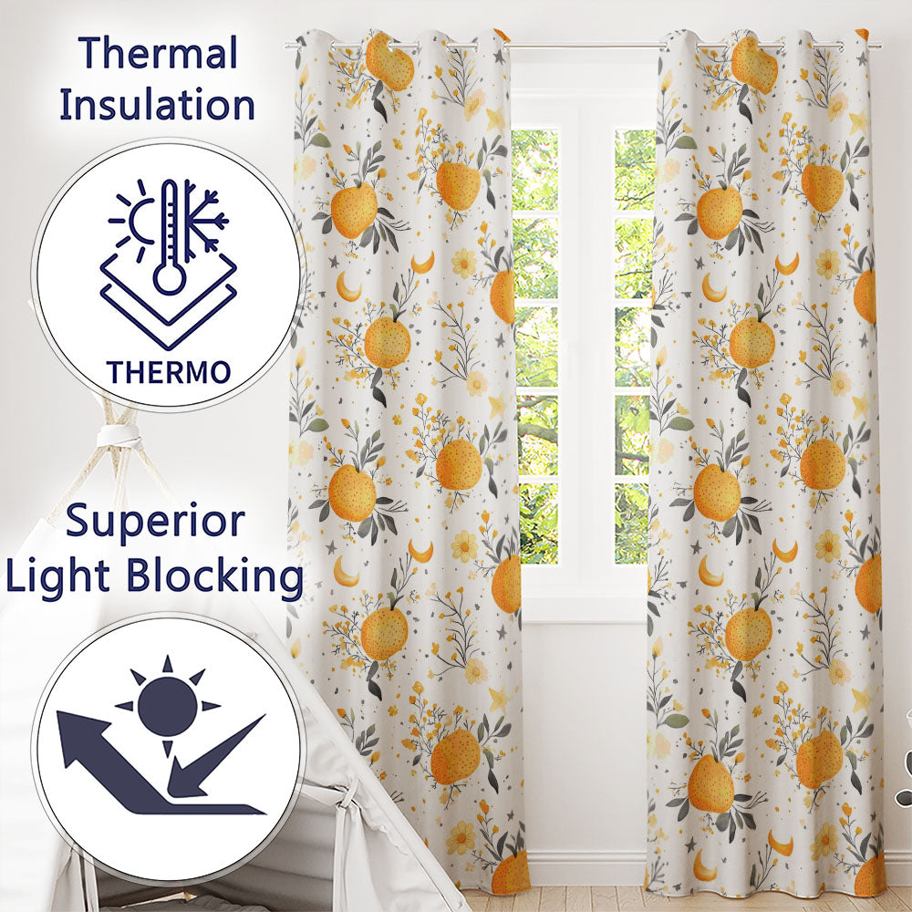 Fresh Oranges with Delicate Floral Botanical Pattern Seamless Readymade Eyelet Ring Top Thermal 100% Blackout Curtains