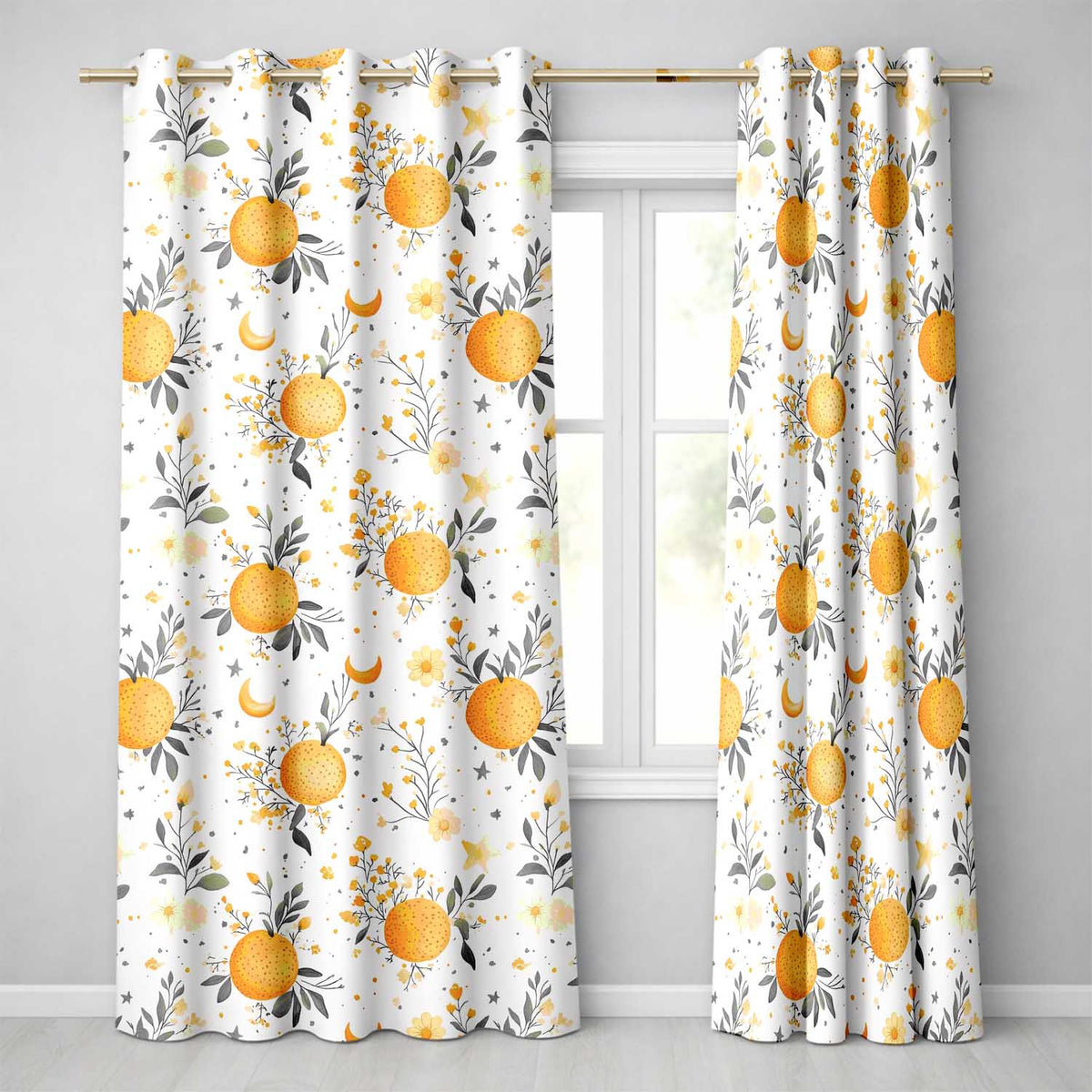 Fresh Oranges with Delicate Floral Botanical Pattern Seamless Readymade Eyelet Ring Top Thermal 100% Blackout Curtains