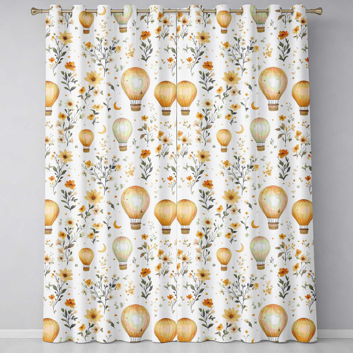 Vintage Hot Air Balloons with Floral Elements Seamless Pattern Readymade Eyelet Ring Top Thermal 100% Blackout Curtains