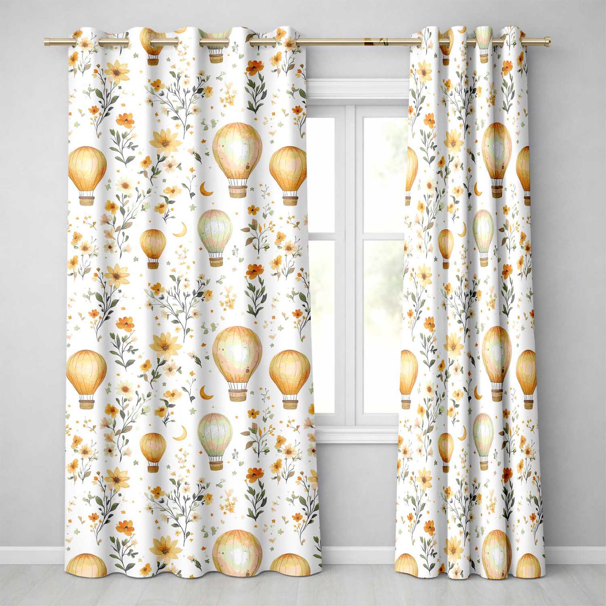 Vintage Hot Air Balloons with Floral Elements Seamless Pattern Readymade Eyelet Ring Top Thermal 100% Blackout Curtains