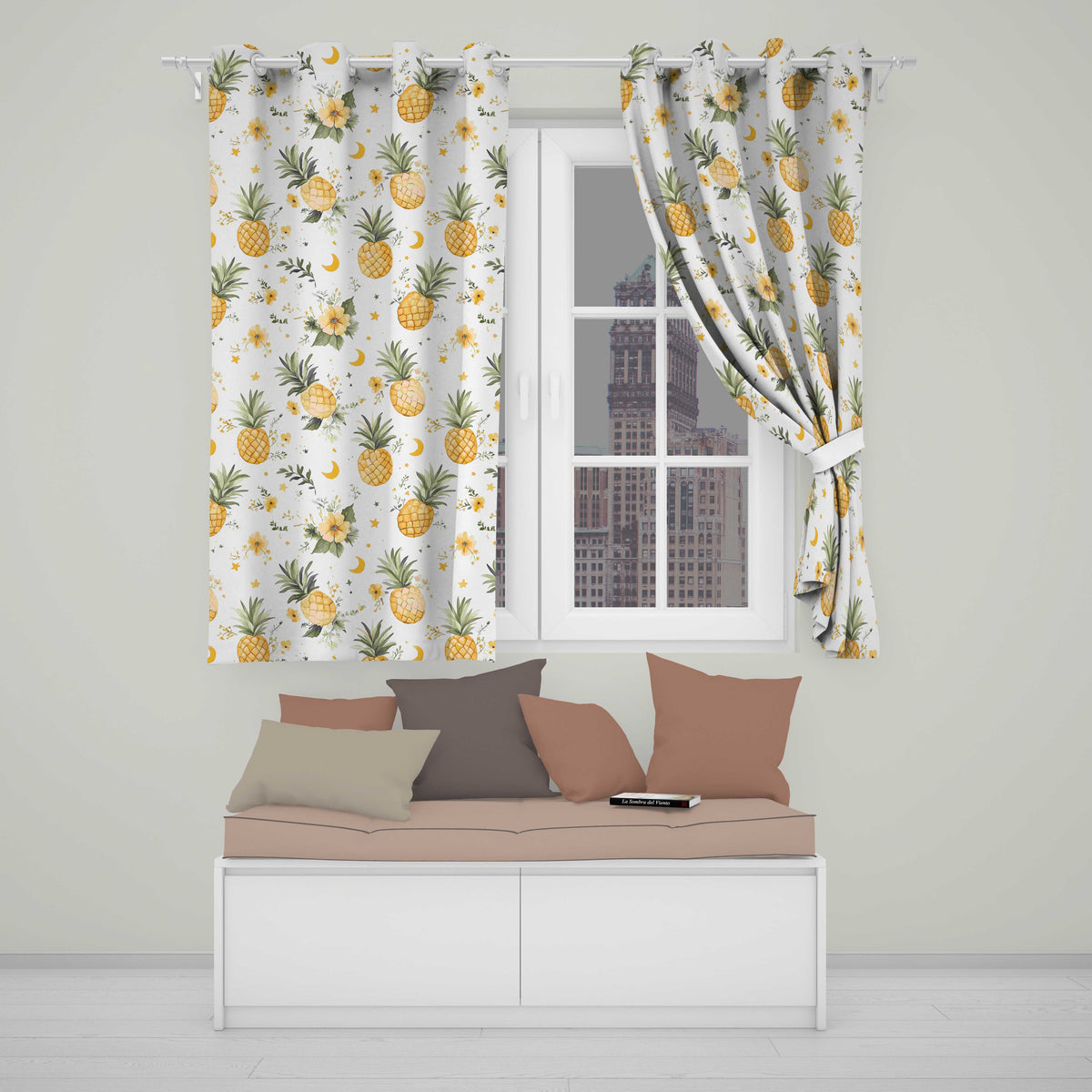 Watercolor Pineapples with Soft Floral Botanical Pattern Seamless Design Readymade Eyelet Ring Top Thermal 100% Blackout Curtains