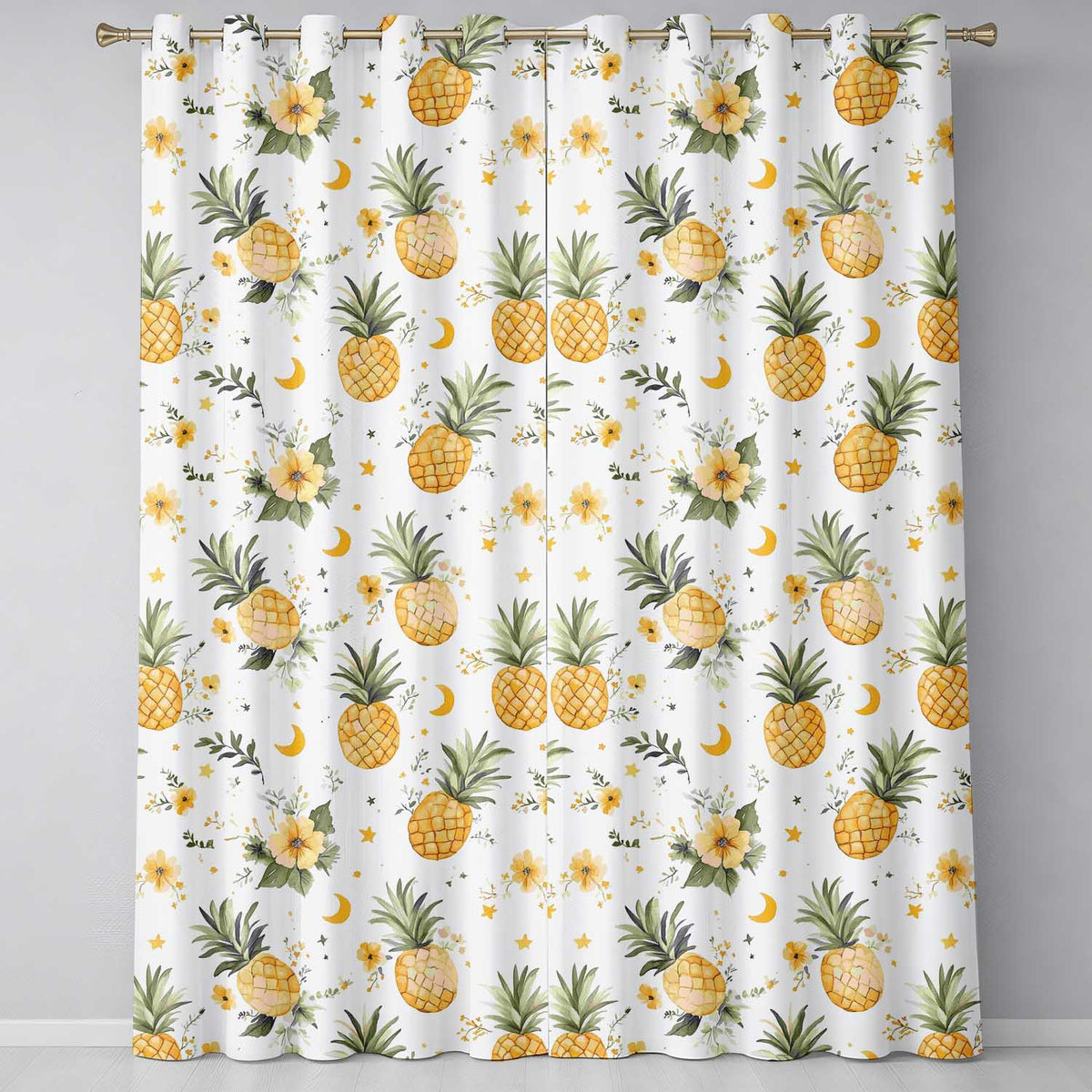 Watercolor Pineapples with Soft Floral Botanical Pattern Seamless Design Readymade Eyelet Ring Top Thermal 100% Blackout Curtains
