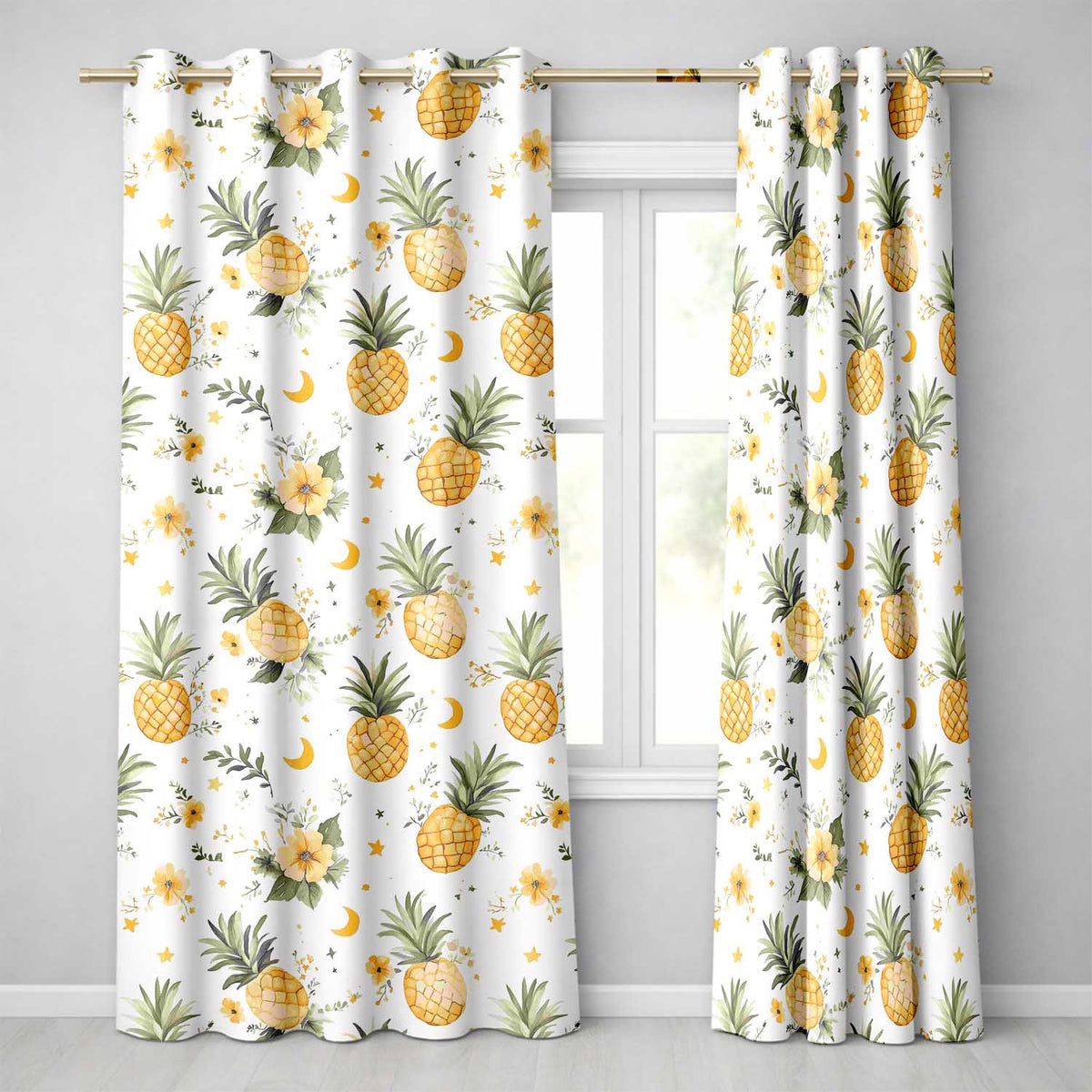 Watercolor Pineapples with Soft Floral Botanical Pattern Seamless Design Readymade Eyelet Ring Top Thermal 100% Blackout Curtains