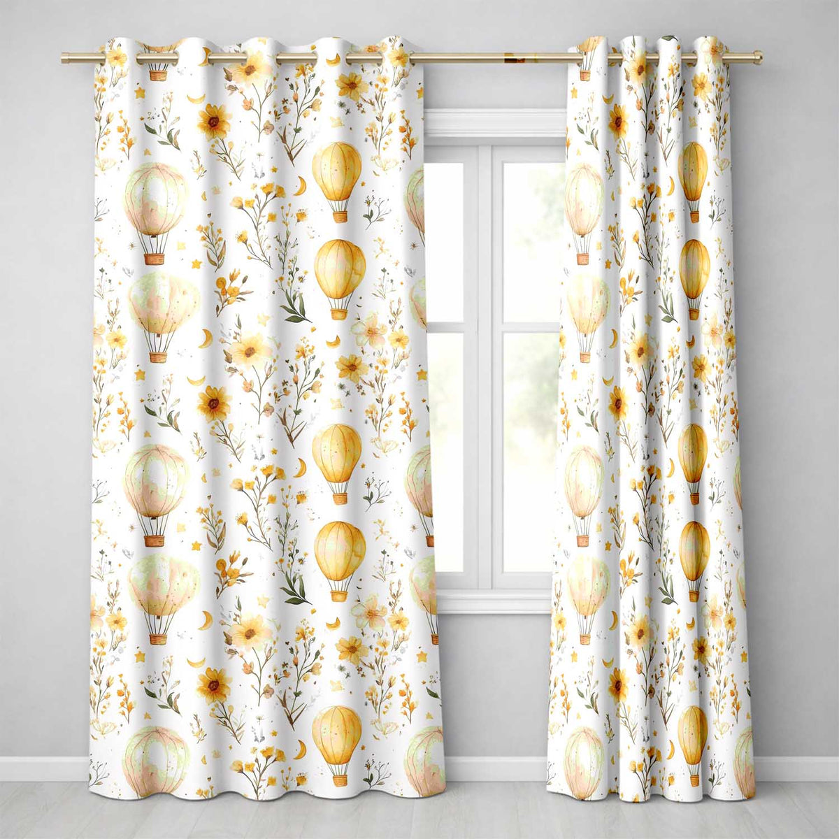Vintage Hot Air Balloons with Yellow Floral Background Seamless Pattern Readymade Eyelet Ring Top Thermal 100% Blackout Curtains