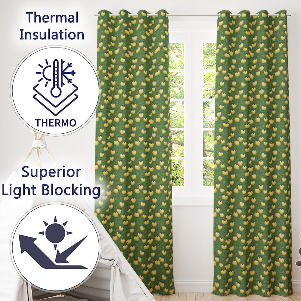 Vintage Yellow Apples with Leaves on Green Background Seamless Pattern Readymade Eyelet Ring Top Thermal 100% Blackout Curtains