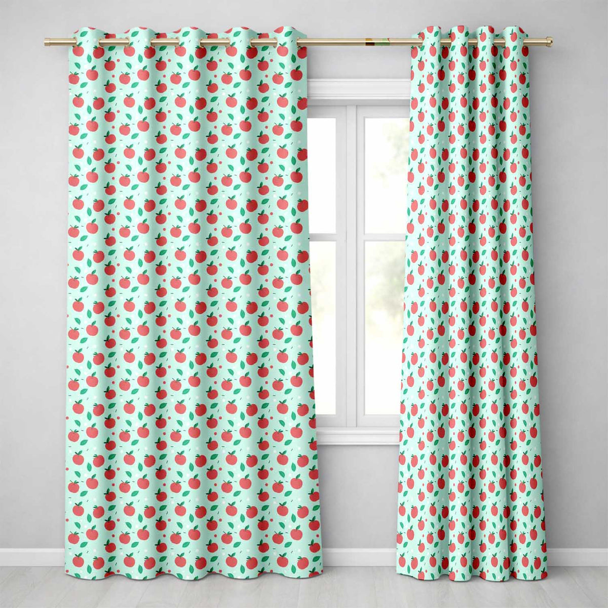 Modern Red Apples with Leaves on Mint Background Seamless Pattern Readymade Eyelet Ring Top Thermal 100% Blackout Curtains