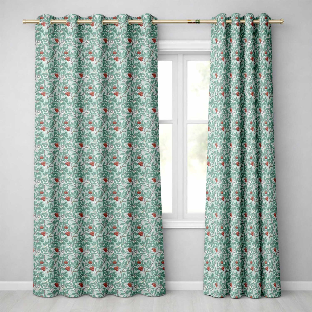 Botanical Branches with Red Berries and Leaves Seamless Pattern Readymade Eyelet Ring Top Thermal 100% Blackout Curtains