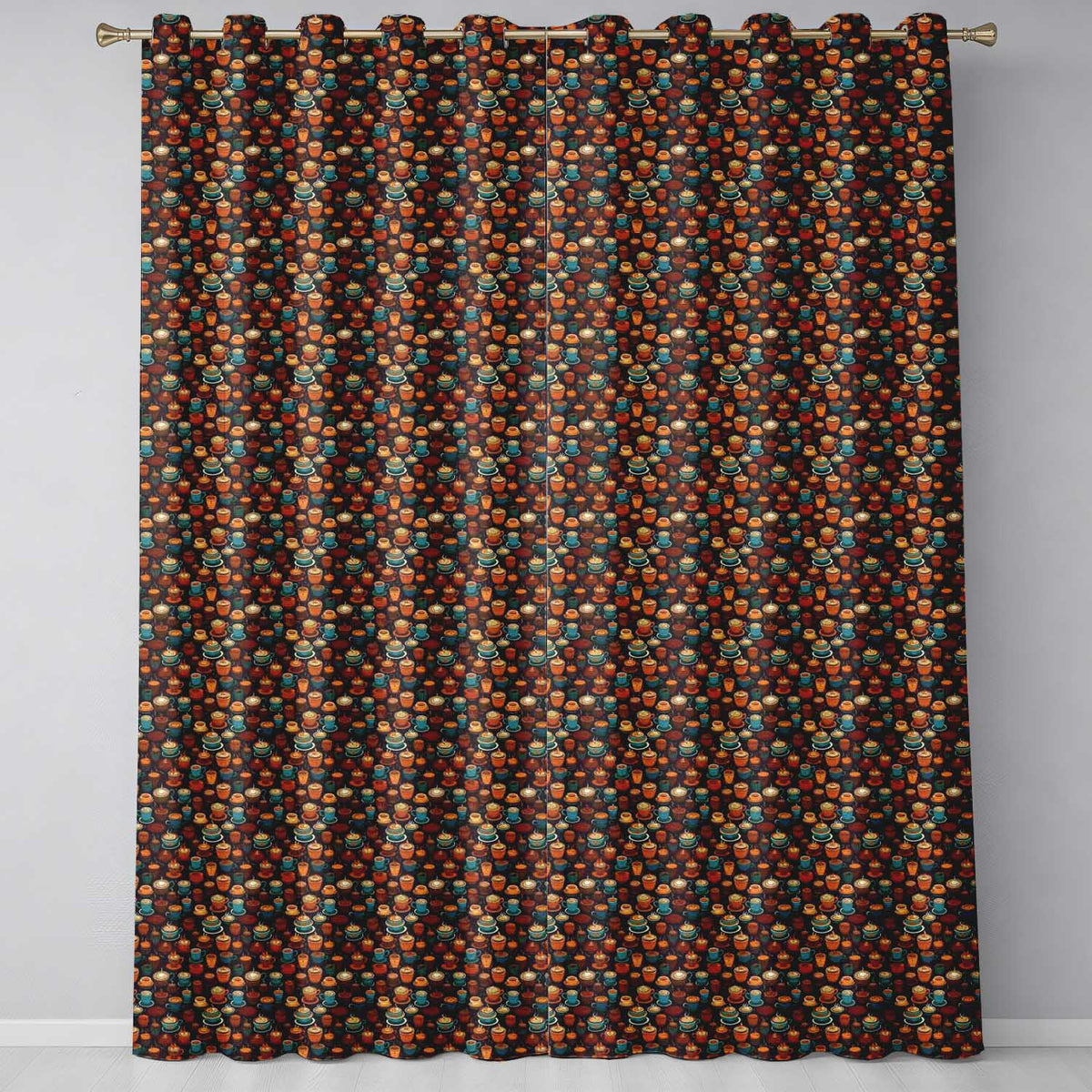 Colorful Coffee Cups and Mugs Pattern on Dark Background Seamless Pattern Readymade Eyelet Ring Top Thermal 100% Blackout Curtains