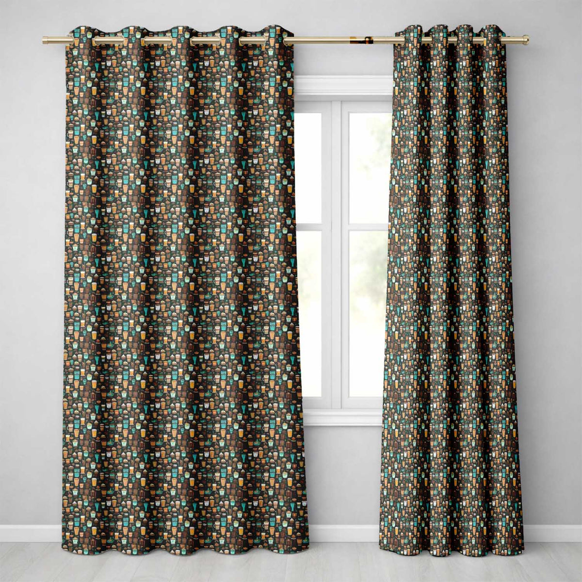 Coffee Shop Drinks Desserts and Cups Detailed Seamless Pattern Readymade Eyelet Ring Top Thermal 100% Blackout Curtains