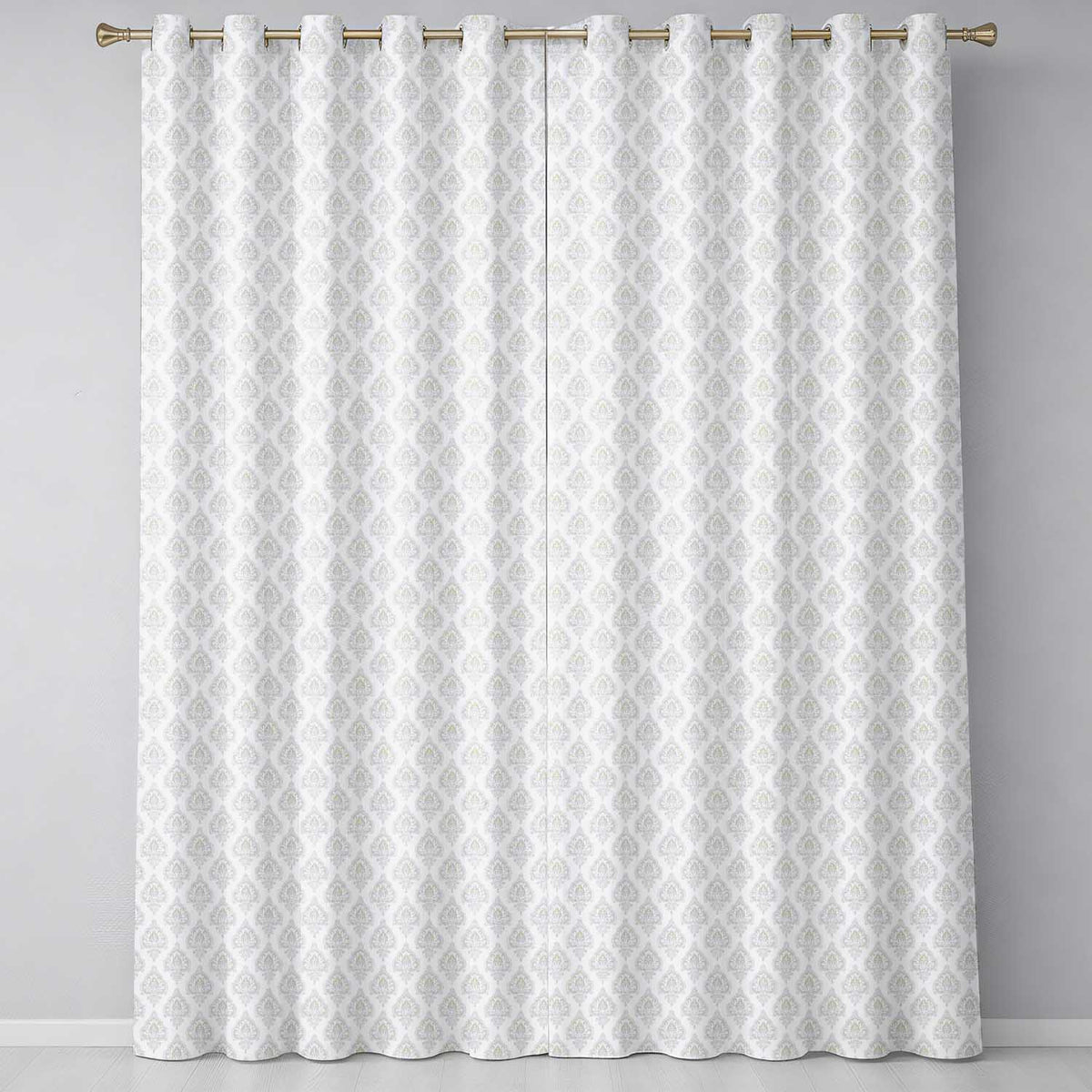 Classic Beige Ornamental Damask Motif Seamless Pattern Readymade Eyelet Ring Top Thermal 100% Blackout Curtains