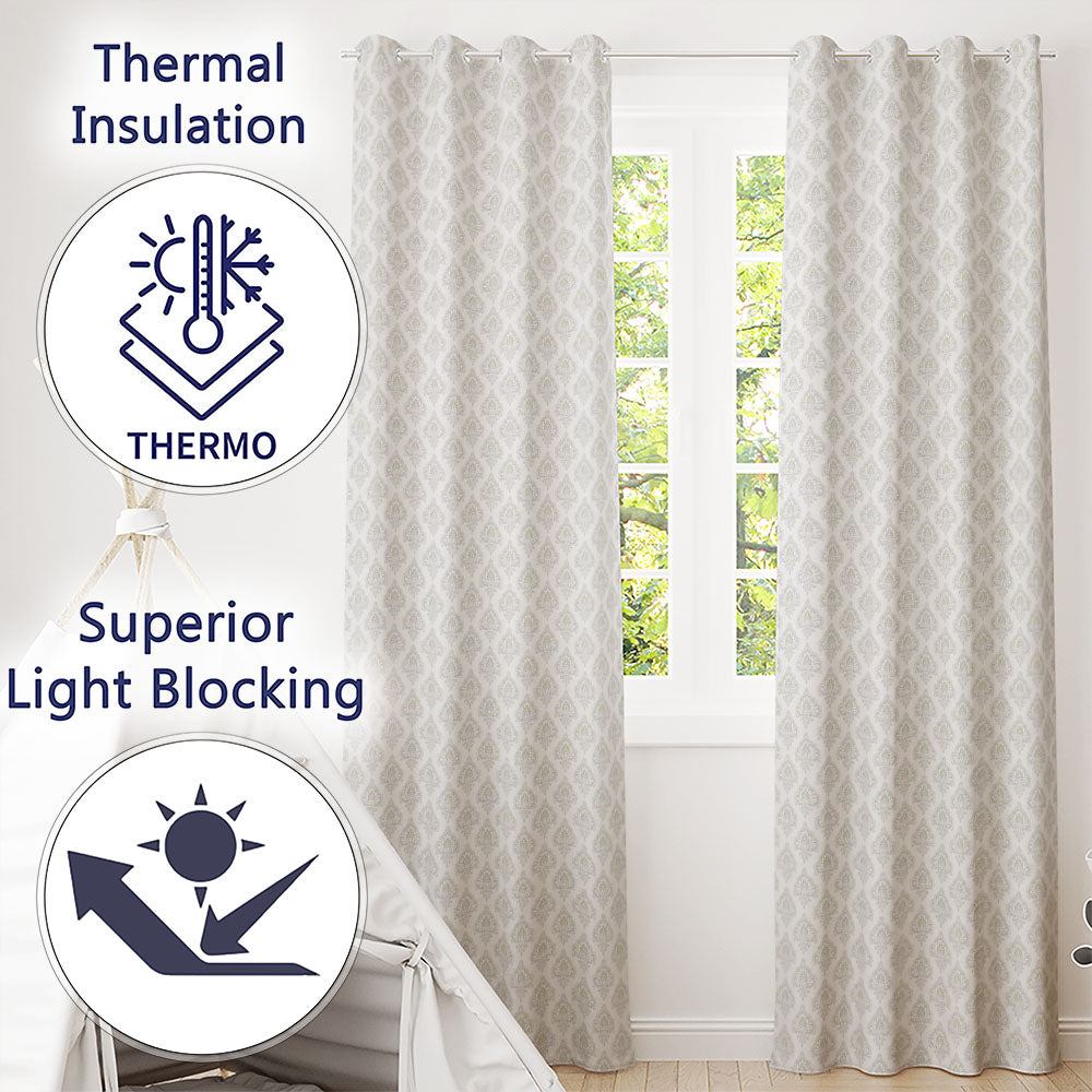 Classic Beige Ornamental Damask Motif Seamless Pattern Readymade Eyelet Ring Top Thermal 100% Blackout Curtains