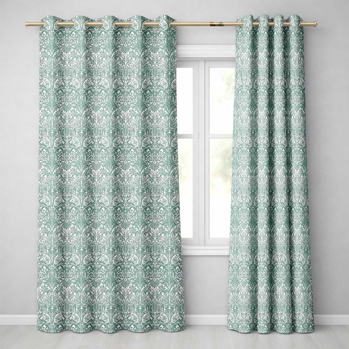 Classic William Morris Style Green Botanical Seamless Pattern Readymade Eyelet Ring Top Thermal 100% Blackout Curtains
