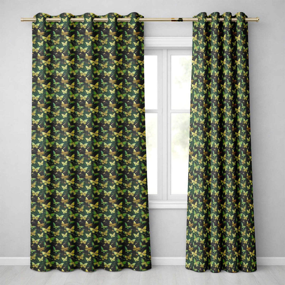 Green and Gold Butterfly Ornamental Luxury Seamless Pattern Readymade Eyelet Ring Top Thermal 100% Blackout Curtains