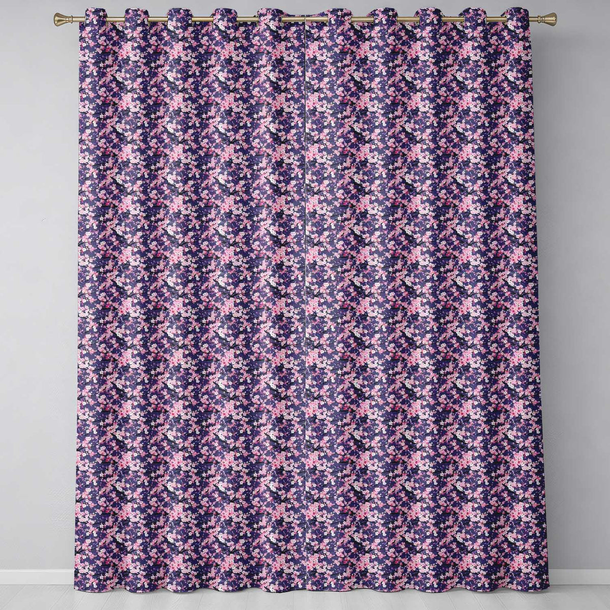 Pink Cherry Blossom Branches Purple Background Seamless Pattern Readymade Eyelet Ring Top Thermal 100% Blackout Curtains