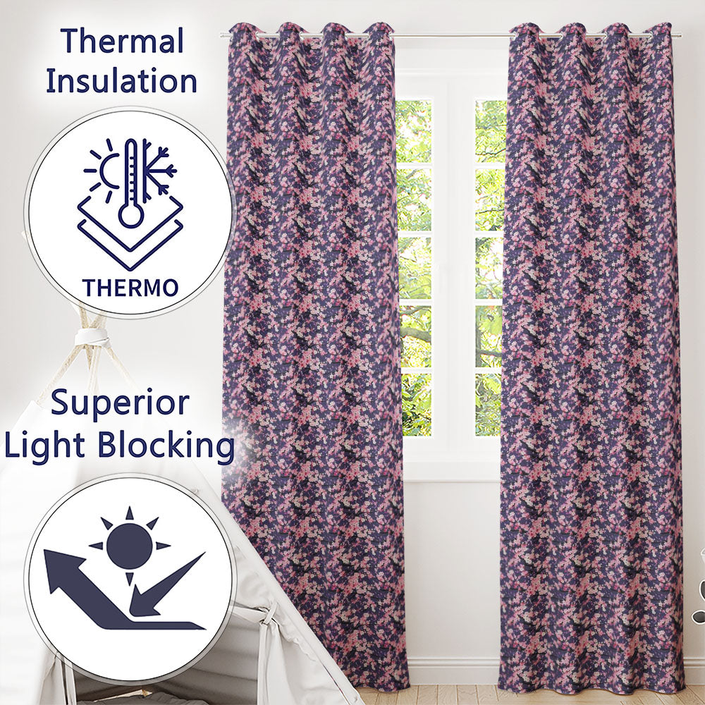 Pink Cherry Blossom Branches Purple Background Seamless Pattern Readymade Eyelet Ring Top Thermal 100% Blackout Curtains
