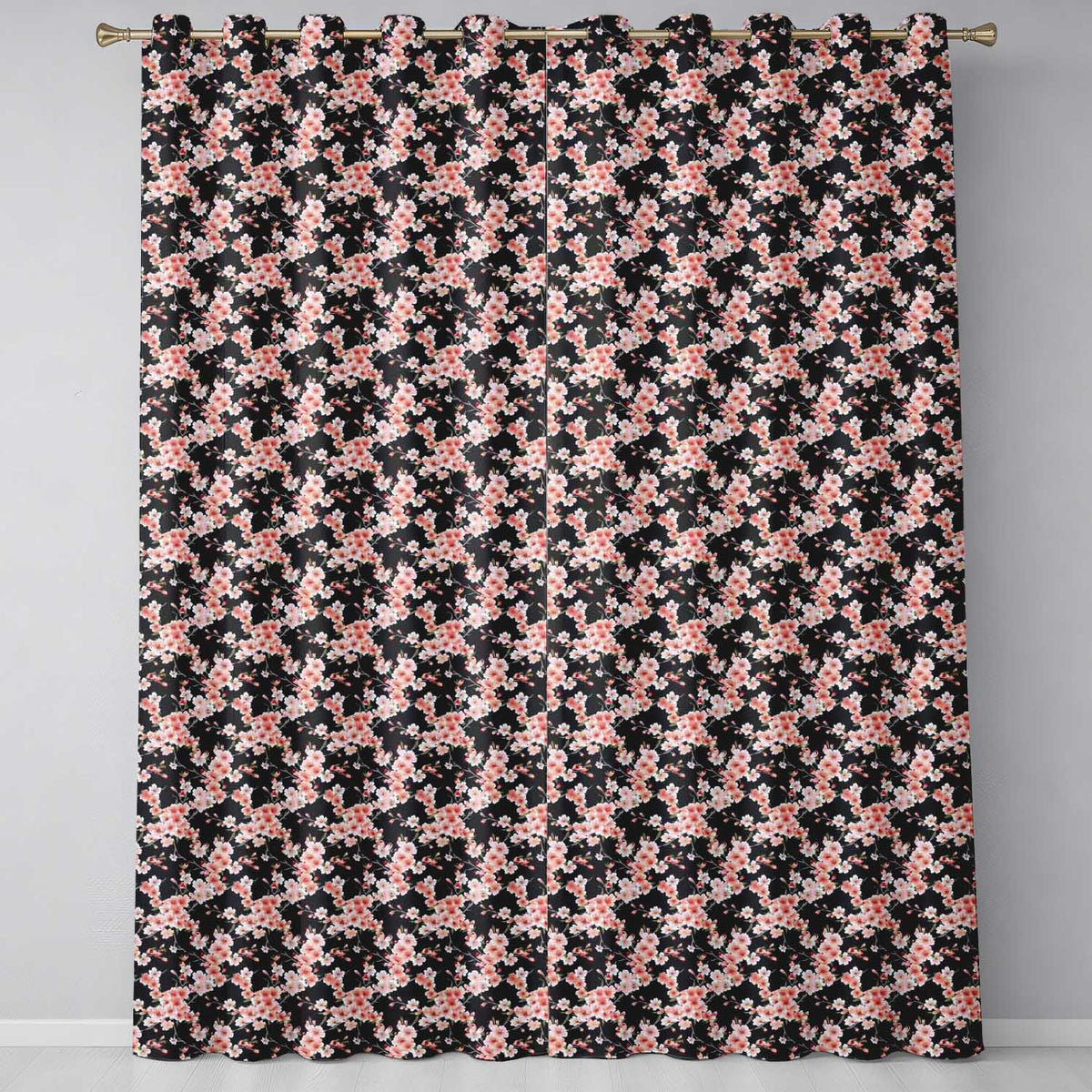 Elegant Sakura Blossom Floral Dark Background Seamless Pattern Readymade Eyelet Ring Top Thermal 100% Blackout Curtains