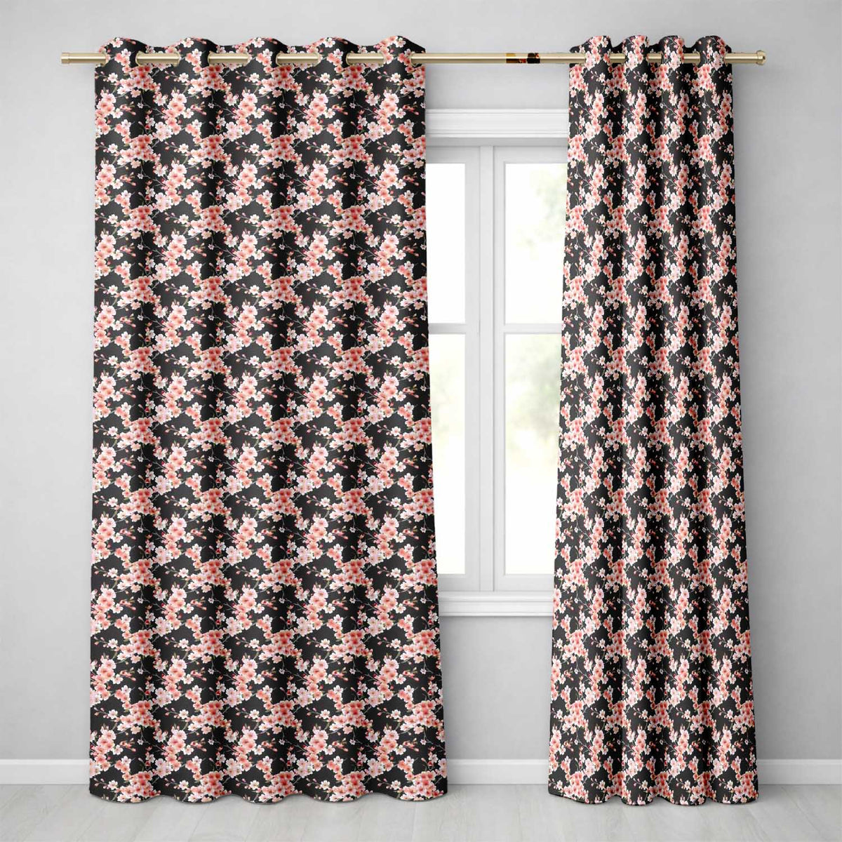 Elegant Sakura Blossom Floral Dark Background Seamless Pattern Readymade Eyelet Ring Top Thermal 100% Blackout Curtains