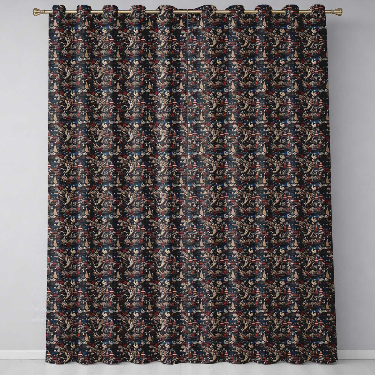 Oriental Crane Birds Pagoda Scenic Detailed Seamless Pattern Readymade Eyelet Ring Top Thermal 100% Blackout Curtains
