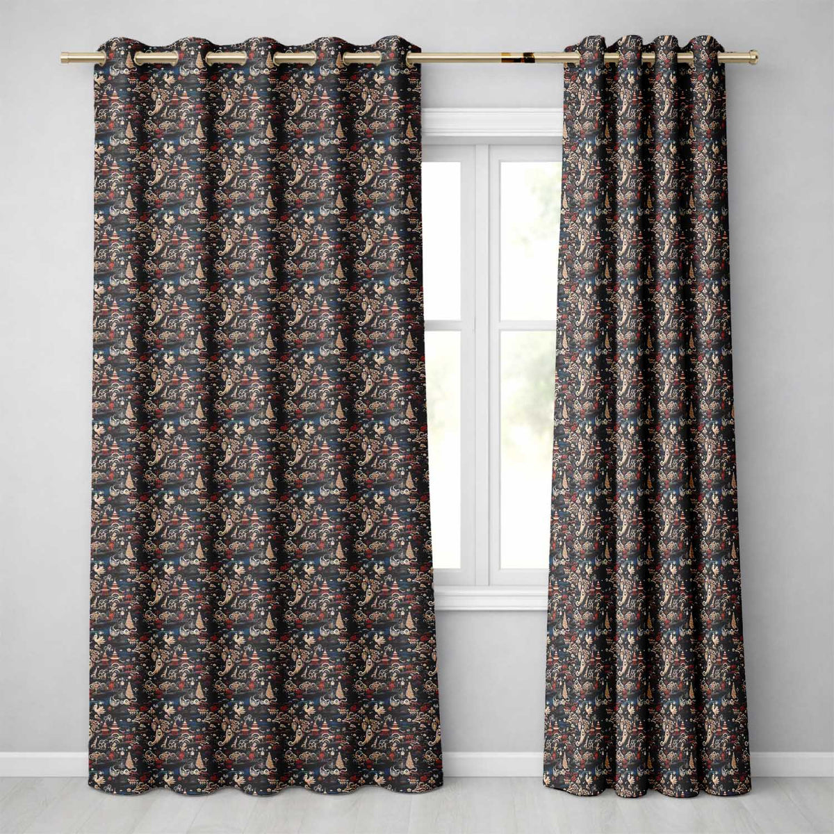 Oriental Crane Birds Pagoda Scenic Detailed Seamless Pattern Readymade Eyelet Ring Top Thermal 100% Blackout Curtains