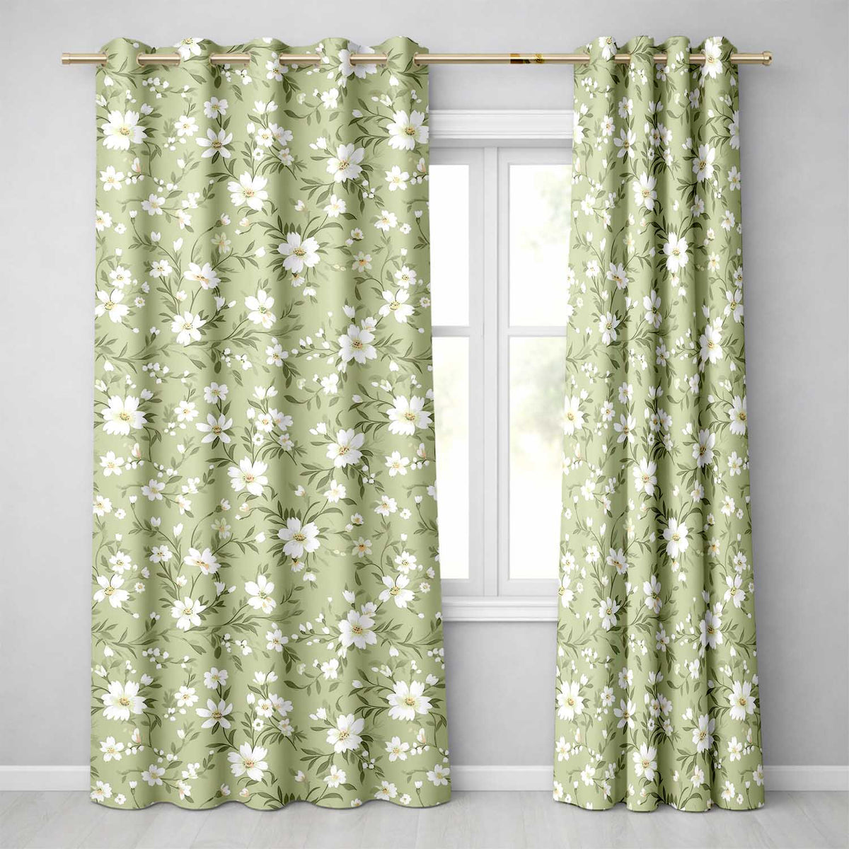 Soft White Floral Branches on Light Green Background Seamless Pattern Readymade Eyelet Ring Top Thermal 100% Blackout Curtains