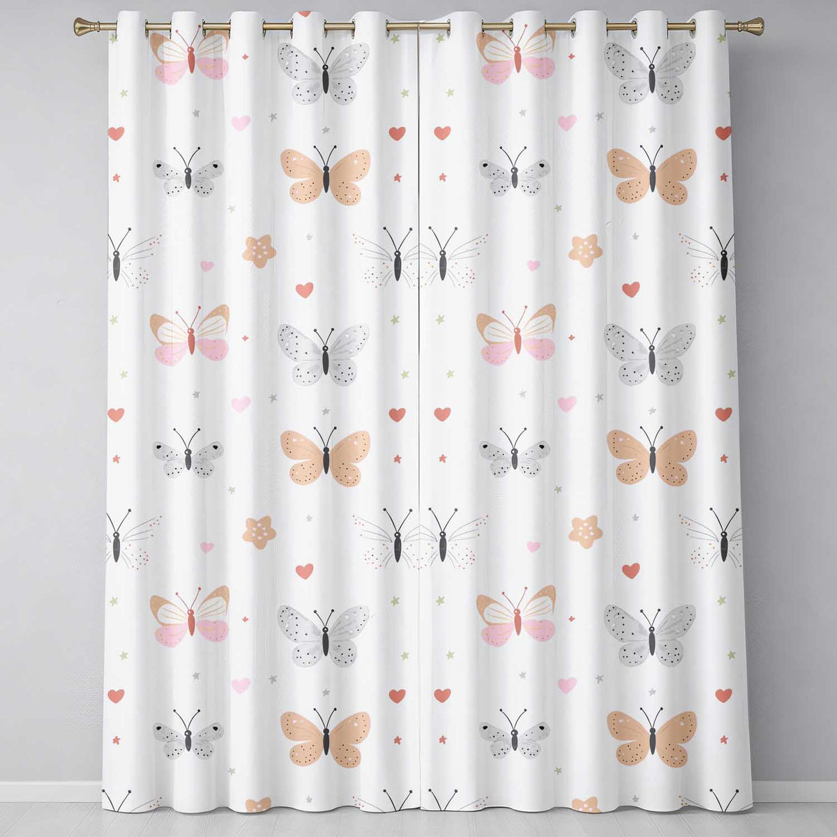 Cute Pastel Butterflies and Hearts Minimal Seamless Pattern Readymade Eyelet Ring Top Thermal 100% Blackout Curtains