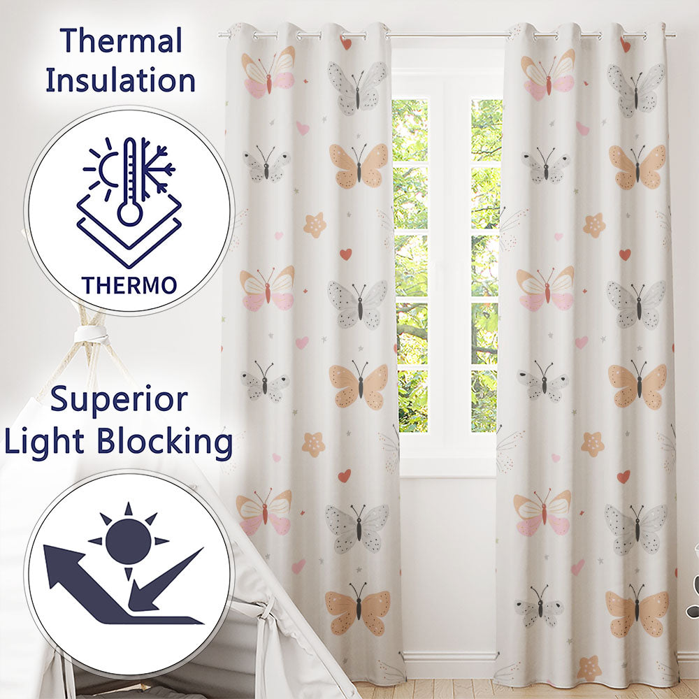 Cute Pastel Butterflies and Hearts Minimal Seamless Pattern Readymade Eyelet Ring Top Thermal 100% Blackout Curtains