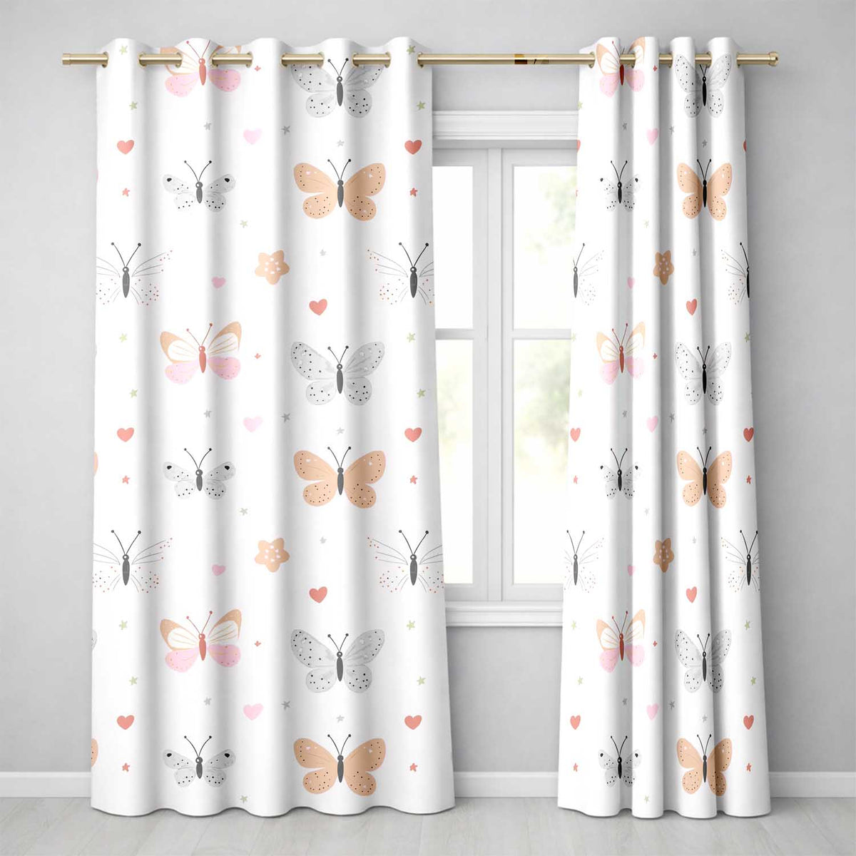 Cute Pastel Butterflies and Hearts Minimal Seamless Pattern Readymade Eyelet Ring Top Thermal 100% Blackout Curtains