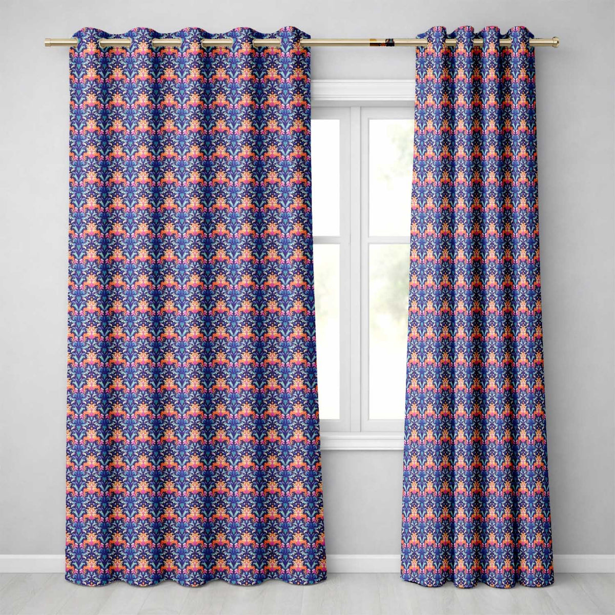 Vibrant Ornate Floral Damask with Bold Orange and Teal Seamless Pattern Readymade Eyelet Ring Top Thermal 100% Blackout Curtains