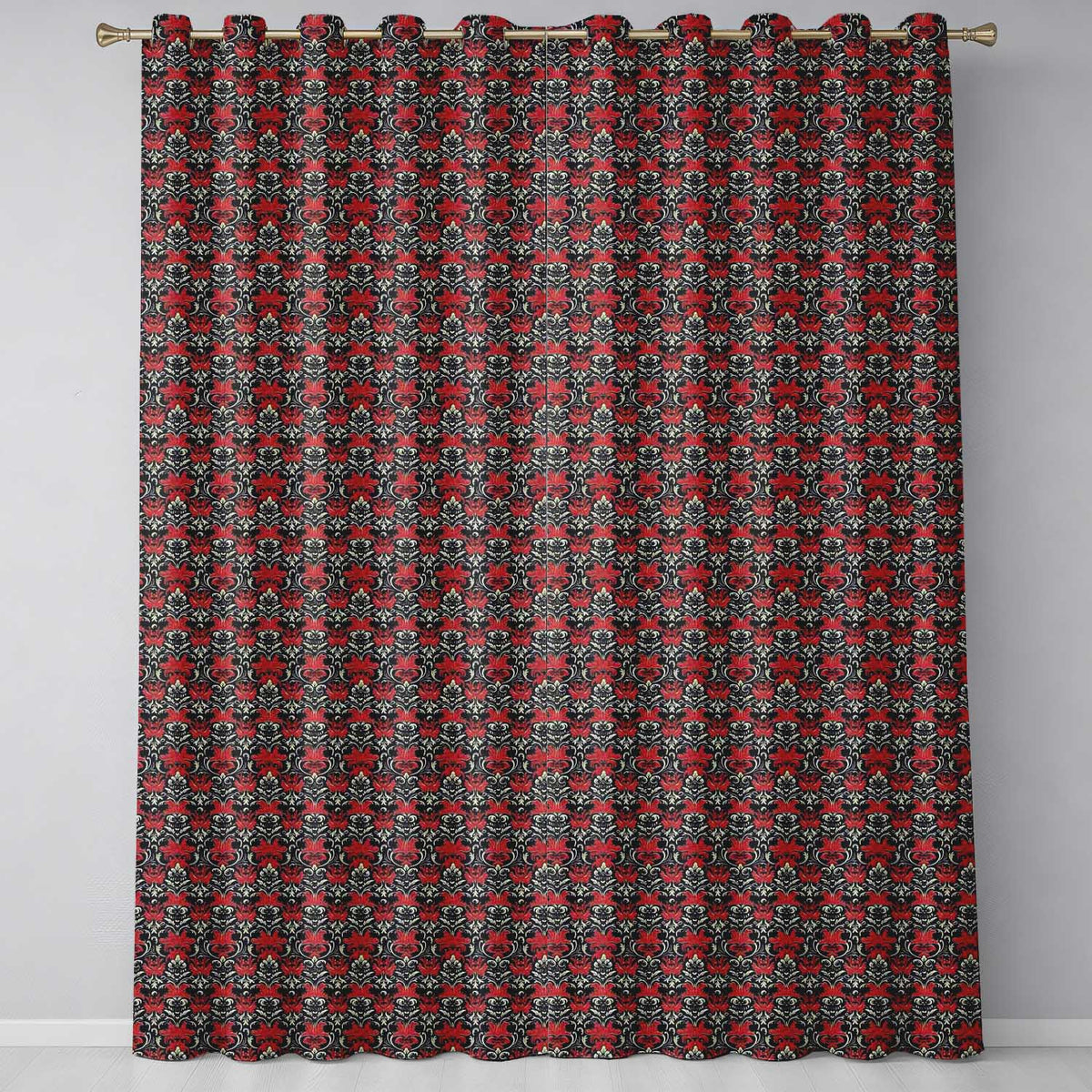 Elegant Black Background Red Floral Baroque Damask Seamless Pattern Readymade Eyelet Ring Top Thermal 100% Blackout Curtains